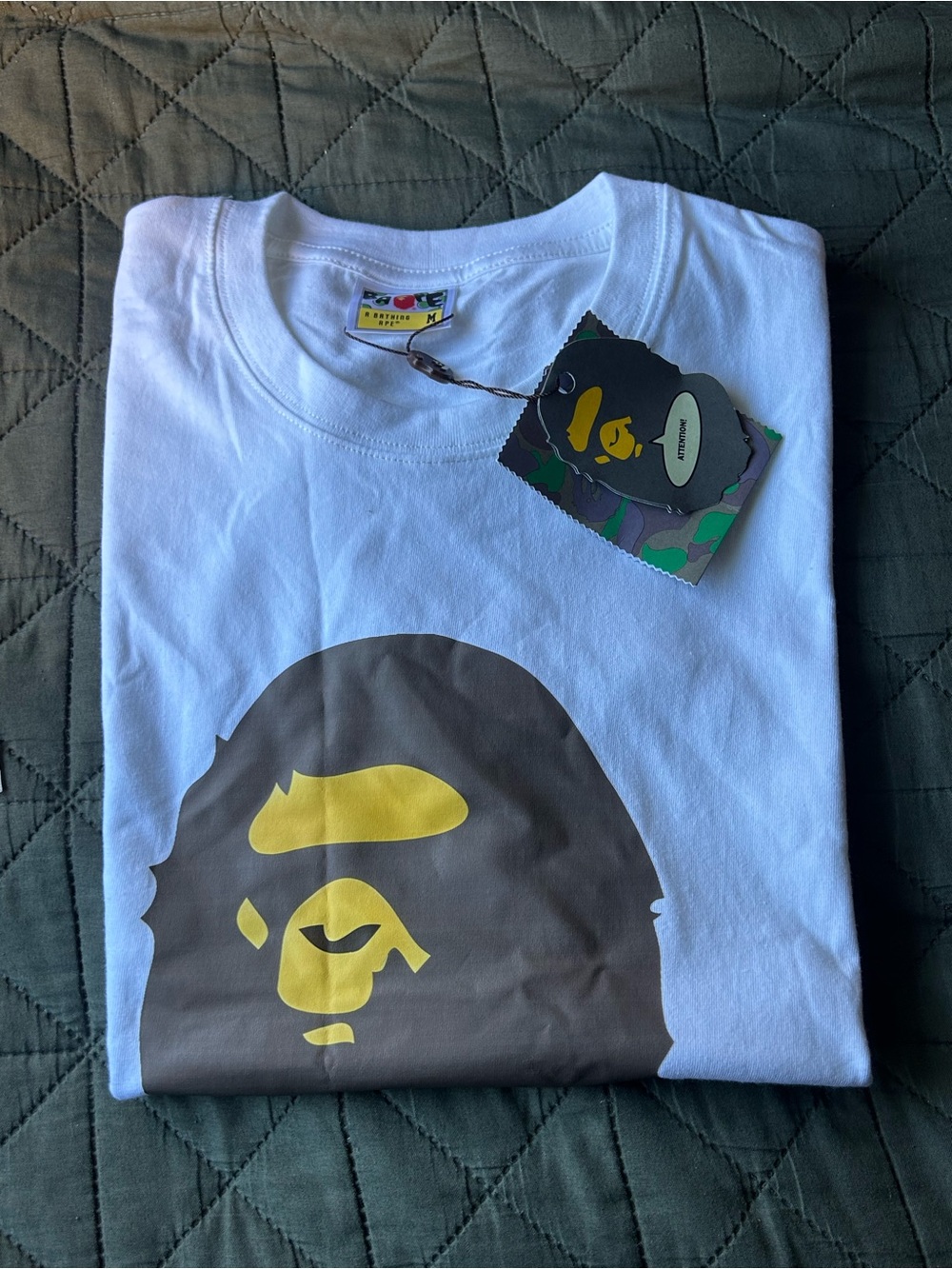 Bape White Short Sleeve Tee with Brown and Yellow Ape Head Graphic